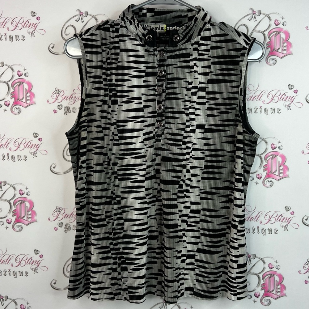 Jamie Sadock tank top pleated vintage Black and Gray Geometric Sleeveless Blouse